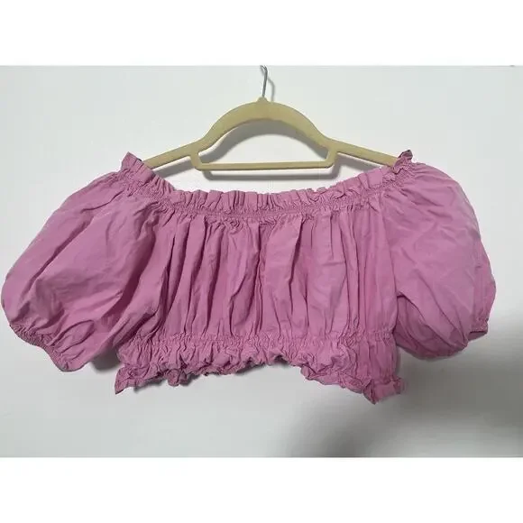 Zara Crop Top Shirt Womens Small Pink Short Sleeve Smocked Off The Shoulder - Picture 1 of 5